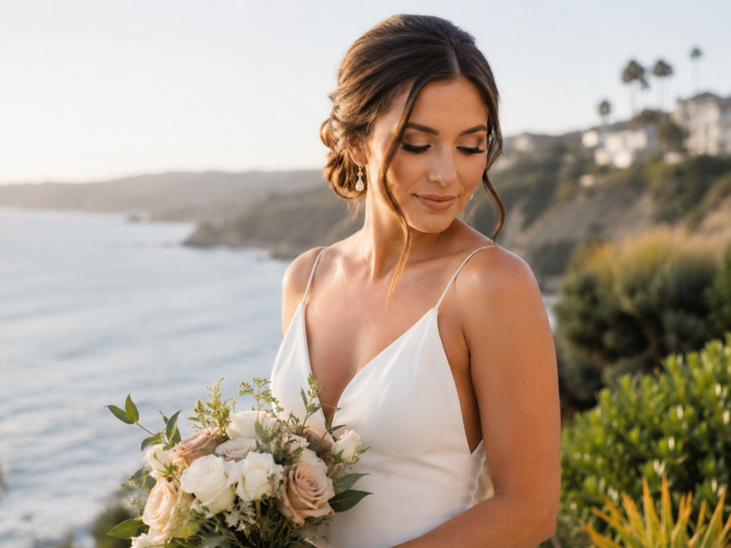 Bride with soft-glam makeup and an elegant low updo at a coastal Orange County elopement