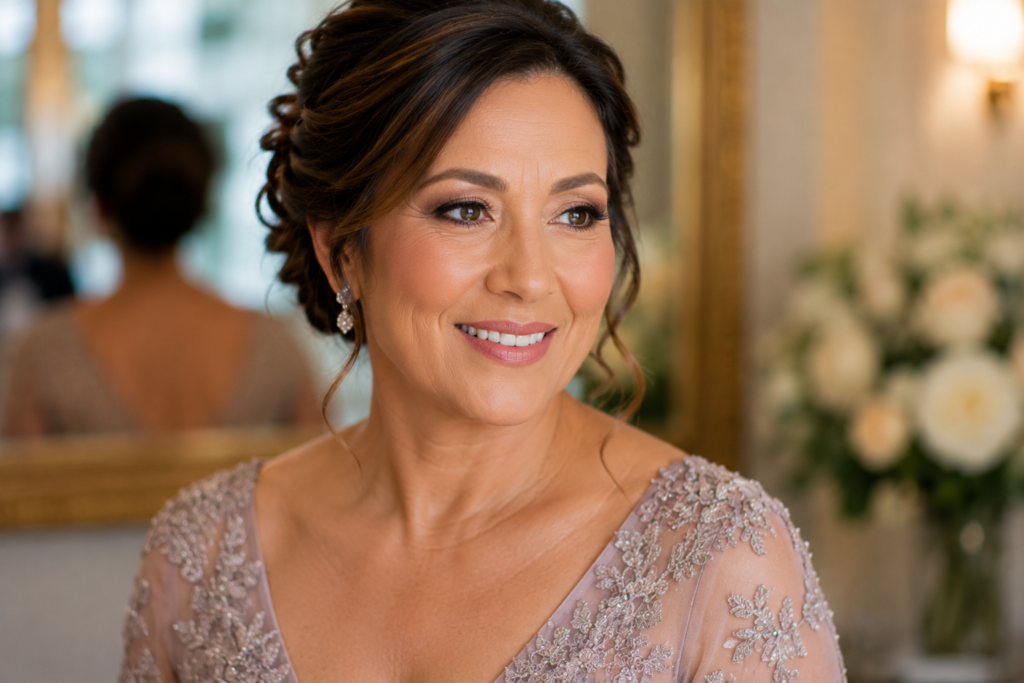Mother of the bride wearing elegant professional makeup at an Orange County wedding