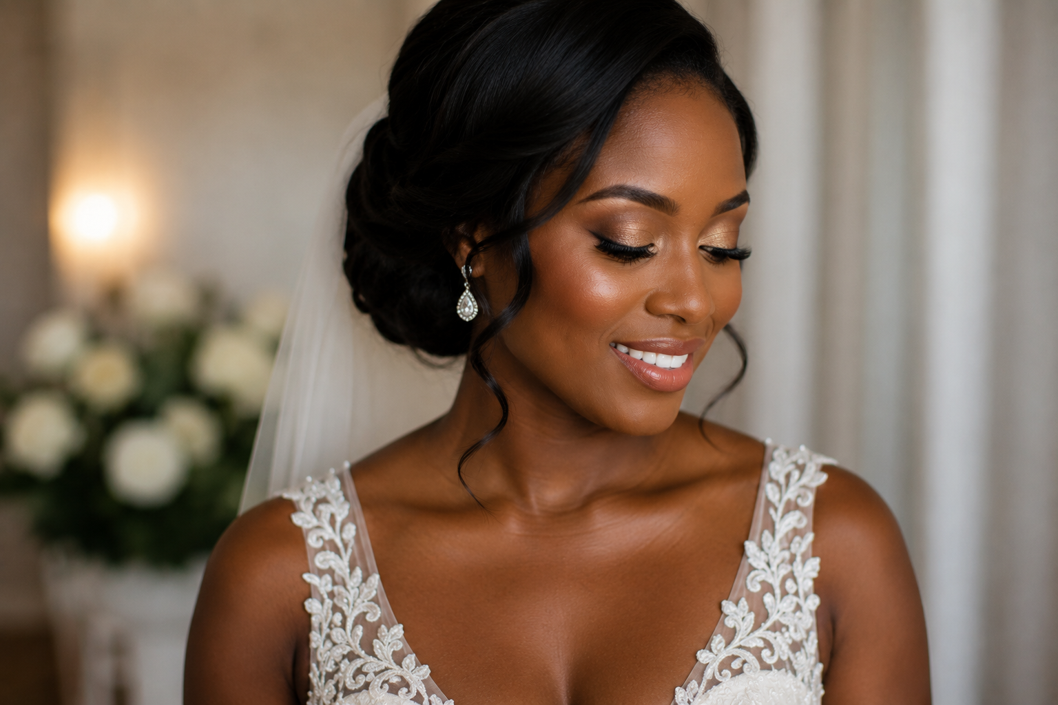 Black bride wearing professionally matched, long-lasting bridal makeup