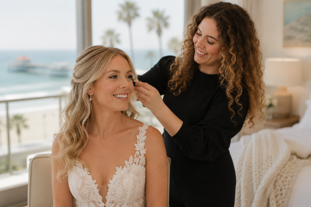 Bride receiving professional wedding hair and makeup in Huntington Beach, California
